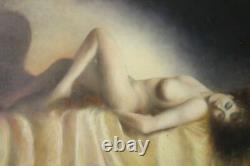 Beautiful nude 33.5 x 24 inches French oil on wood panel signed B+URAIN