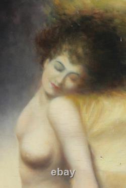 Beautiful nude 33.5 x 24 inches French oil on wood panel signed B+URAIN