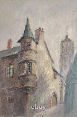Beautiful oil on wood village keep architecture signed E. Viala