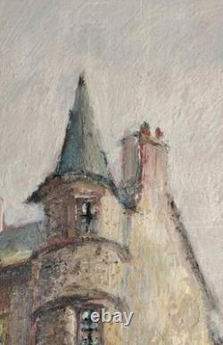 Beautiful oil on wood village keep architecture signed E. Viala