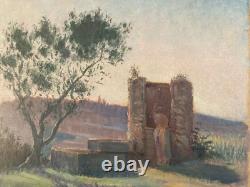 Beautiful oil painting on wood panel 1900 impressionist landscape woman At the Well Art