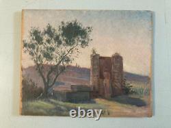 Beautiful oil painting on wood panel 1900 impressionist landscape woman At the Well Art