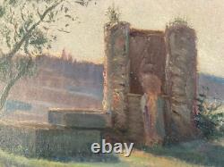 Beautiful oil painting on wood panel 1900 impressionist landscape woman At the Well Art