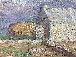 Beautiful oil painting on wood panel 1930 post-impressionist landscape farm fields