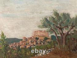Beautiful oil painting on wood panel 1950 Impressionist village landscape castle