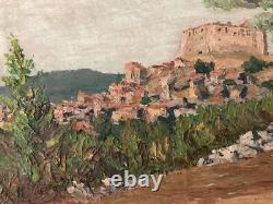 Beautiful oil painting on wood panel 1950 Impressionist village landscape castle