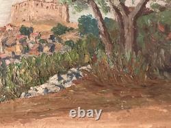 Beautiful oil painting on wood panel 1950 Impressionist village landscape castle