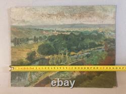 Beautiful oil painting on wood panel 1950 impressionist landscape Village Tree