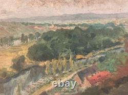 Beautiful oil painting on wood panel 1950 impressionist village landscape tree
