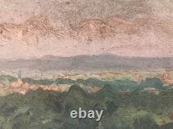 Beautiful oil painting on wood panel 1950 impressionist village landscape tree