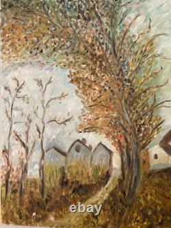Beautiful oil painting on wood panel, 1950, post-impressionist village landscape art