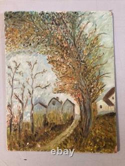 Beautiful oil painting on wood panel, 1950, post-impressionist village landscape art