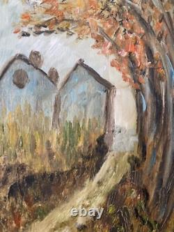 Beautiful oil painting on wood panel, 1950, post-impressionist village landscape art