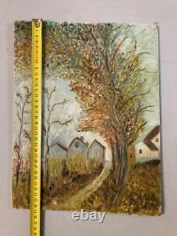 Beautiful oil painting on wood panel, 1950, post-impressionist village landscape art