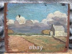 Beautiful oil painting on wooden panel, 1930, post-impressionist landscape of a farmhouse and fields.