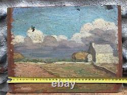 Beautiful oil painting on wooden panel, 1930, post-impressionist landscape of a farmhouse and fields.