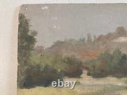 Beautiful oil painting on wooden panel, 19th-century Impressionist landscape of ruins with column.