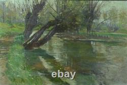 Beautiful painting signed Paul Lippe, riverbank pond, Dijon, La Bresse, pupil of Gérôme