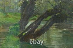 Beautiful painting signed Paul Lippe, riverbank pond, Dijon, La Bresse, pupil of Gérôme