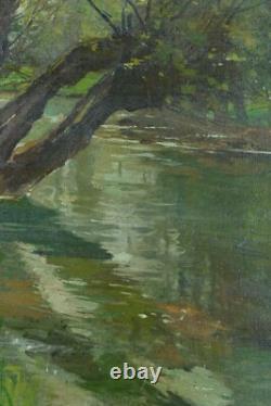 Beautiful painting signed Paul Lippe, riverbank pond, Dijon, La Bresse, pupil of Gérôme