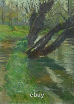 Beautiful painting signed Paul Lippe, riverbank pond, Dijon, La Bresse, pupil of Gérôme