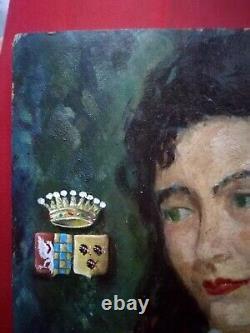 Beautiful portrait of a young countess with her coat of arms, Oil on wood, 1950