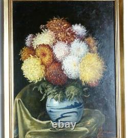 Bouquet Of Flowers In A Vase Old 19th Century Table On Mahogany Signed In Red