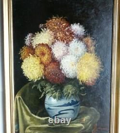 Bouquet Of Flowers In A Vase Old 19th Century Table On Mahogany Signed In Red