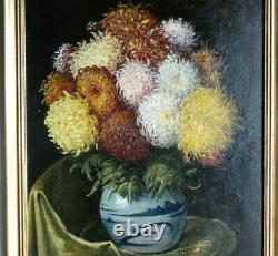 Bouquet Of Flowers In A Vase Old 19th Century Table On Mahogany Signed In Red