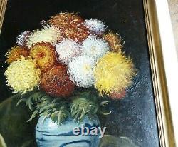 Bouquet Of Flowers In A Vase Old 19th Century Table On Mahogany Signed In Red