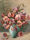 Bouquets Of Flowers Oil On Wood Panel 20th Century Signed Legal Wood Frame