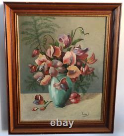 Bouquets of Flowers Oil on Wood Panel 20th Century Signed Legal Wood Frame