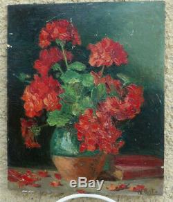 Bright & Powerful Painting 1900. Still Life With Red Geraniums. Martin