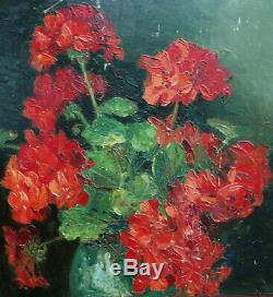 Bright & Powerful Painting 1900. Still Life With Red Geraniums. Martin