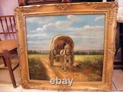 Brison Oil on Wood Pedlars Cart Dog Signed M Brison 19th Century