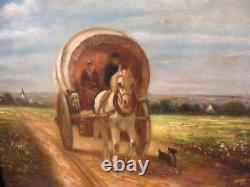 Brison Oil on Wood Pedlars Cart Dog Signed M Brison 19th Century