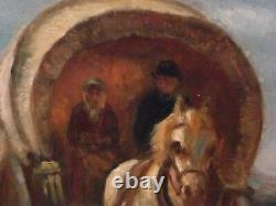 Brison Oil on Wood Pedlars Cart Dog Signed M Brison 19th Century