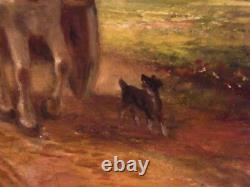 Brison Oil on Wood Pedlars Cart Dog Signed M Brison 19th Century