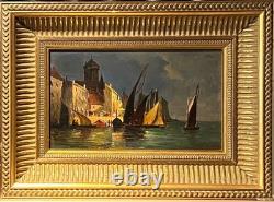 Busy Port, oil on panel, signed Jules DULAC. 13.5x22.5 cm