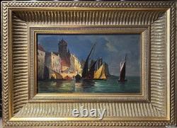 Busy Port, oil on panel, signed Jules DULAC. 13.5x22.5 cm
