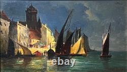 Busy Port, oil on panel, signed Jules DULAC. 13.5x22.5 cm