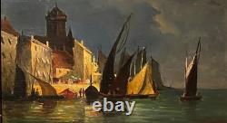 Busy Port, oil on panel, signed Jules DULAC. 13.5x22.5 cm