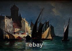 Busy Port, oil on panel, signed Jules DULAC. 13.5x22.5 cm