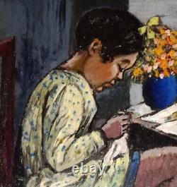 CHILD at the SEWING Marcel RENDU 20th Century Oil on Wood Circa 1930