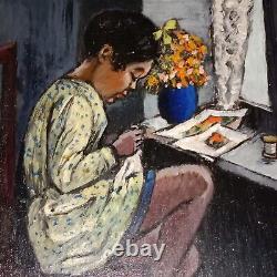 CHILD at the SEWING Marcel RENDU 20th Century Oil on Wood Circa 1930