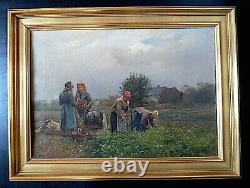 C Beauverie Barbizon Picking On Peas Auvers Oise Signed XIX Animated Scene