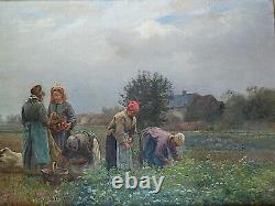 C Beauverie Barbizon Picking On Peas Auvers Oise Signed XIX Animated Scene