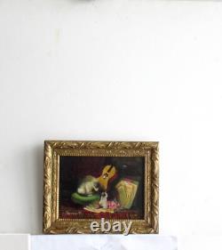 Cat and Kittens Oil Painting on Wood in an Antique Giltwood Frame