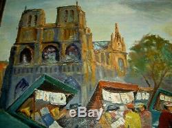 Cathedral Of Notre Dame Paris Oil Painting On Wood Signed In 1950 65 X 57