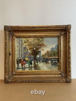Charles Hovely – Oil on Wood Panel, Parisian Boulevard, Gilt Frame